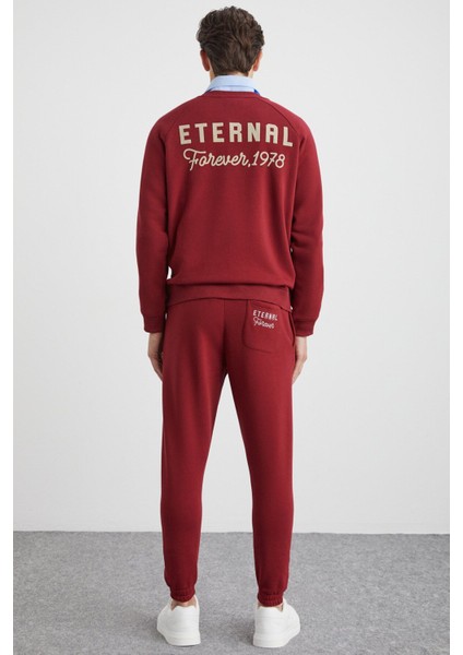 Lastıng Erkek Organik Pamuklu Nakışlı Içi Polarlı Cepli Jogger Bordo Eşofman Altı