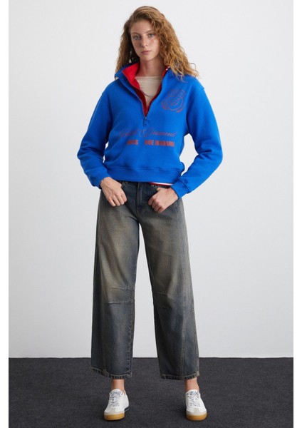 MEYBELIN Kadın %100 Pamuk Organik Cotton Mavi Sweatshirt