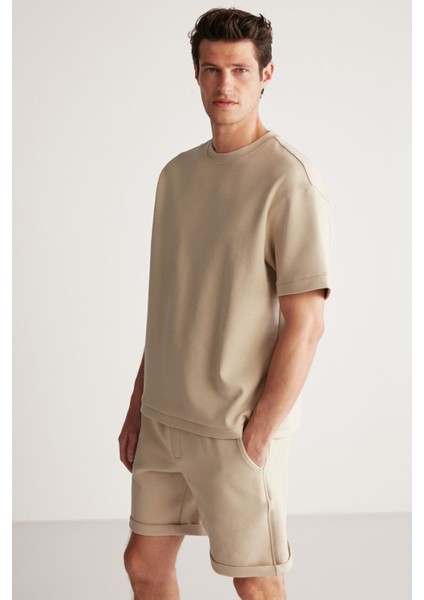 Bruce Erkek 2 Li Set Özel Dokulu Kumaşlı Oversize Fit Bej Alt-Üst Takım