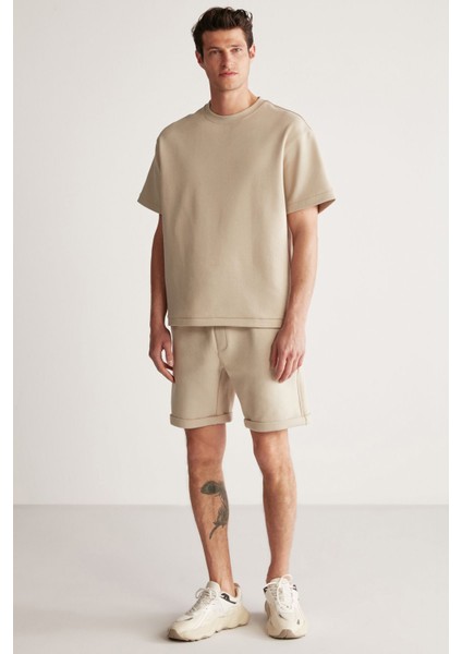 Bruce Erkek 2 Li Set Özel Dokulu Kumaşlı Oversize Fit Bej Alt-Üst Takım