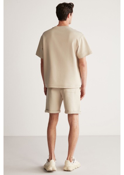 Bruce Erkek 2 Li Set Özel Dokulu Kumaşlı Oversize Fit Bej Alt-Üst Takım