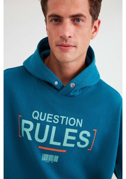 Mood Erkek Içi Polarlı Yazı Baskılı Yakası Çıtçıtlı Kapüşonlu Petrol Yeşili Sweatshirt fiyatları
