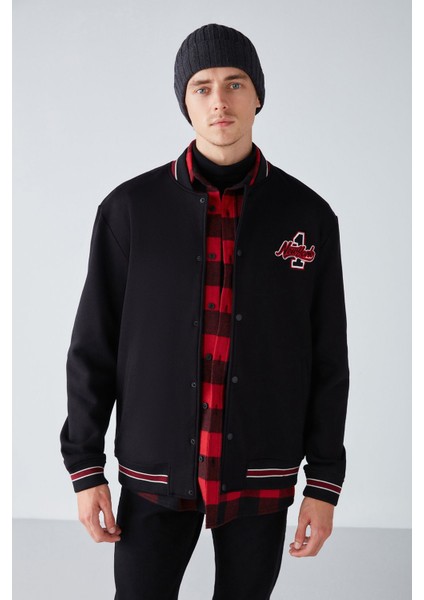 Darıo Erkek Oversize Bomber Nakışlı Çıt Çıtlı Bomber Siyah Sweatshirt