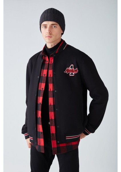 Darıo Erkek Oversize Bomber Nakışlı Çıt Çıtlı Bomber Siyah Sweatshirt