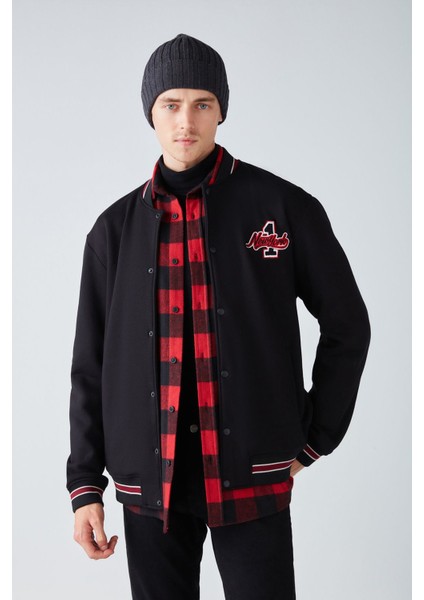 Darıo Erkek Oversize Bomber Nakışlı Çıt Çıtlı Bomber Siyah Sweatshirt