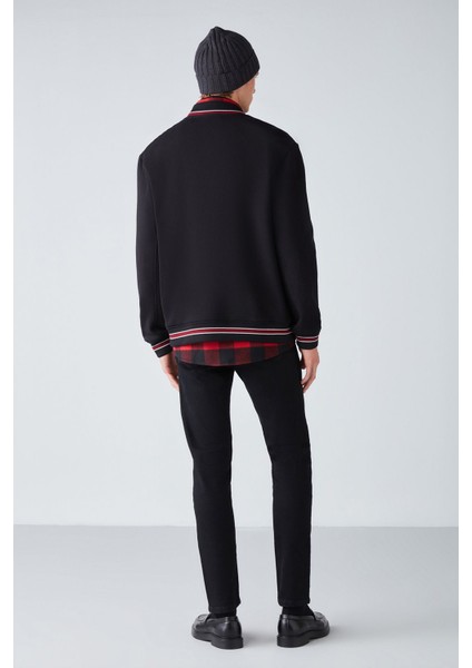 Darıo Erkek Oversize Bomber Nakışlı Çıt Çıtlı Bomber Siyah Sweatshirt