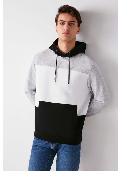 Clyde Erkek Bloklu Kapüşonlu Kordonlu Içi Polarlı Siyah Sweatshirt