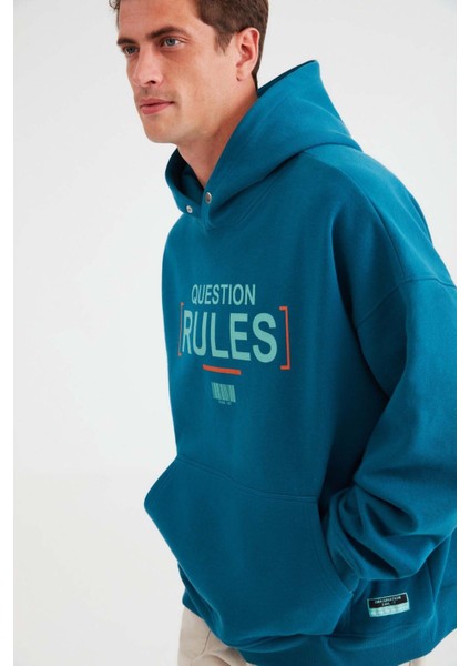 Mood Erkek Içi Polarlı Yazı Baskılı Yakası Çıtçıtlı Kapüşonlu Petrol Yeşili Sweatshirt fırsatları