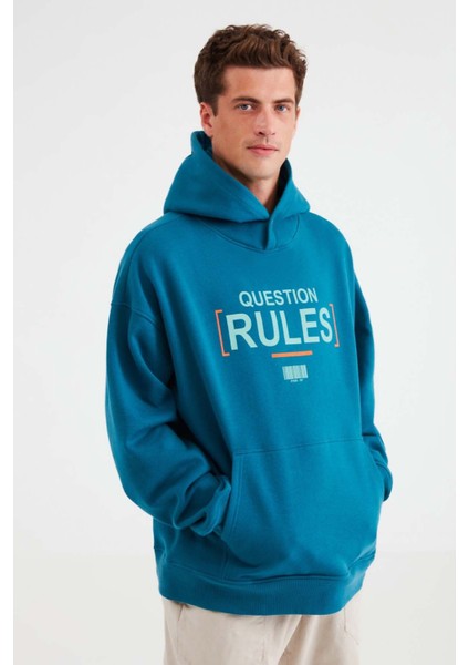 Mood Erkek Içi Polarlı Yazı Baskılı Yakası Çıtçıtlı Kapüşonlu Petrol Yeşili Sweatshirt indirimleri