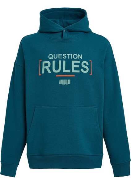 Mood Erkek Içi Polarlı Yazı Baskılı Yakası Çıtçıtlı Kapüşonlu Petrol Yeşili Sweatshirt