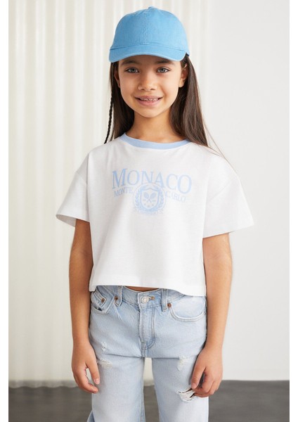 Bıtten Kız Çocuk %100 Pamuk Baskılı Kontrast Renk Yakalı Kısa Kollu Mavi T-Shirt
