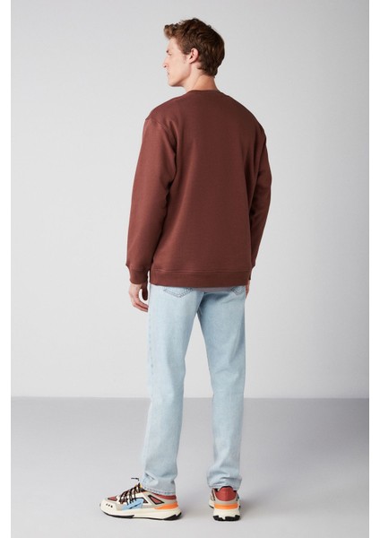 Chambery Erkek Yumuşacık Kumaşlı Oversize Fit Yuvarlak Yakalı Kolej Baskılı Kahverengi Sweatshirt