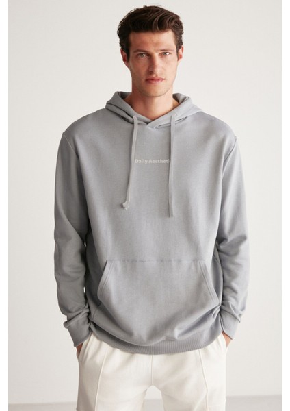 Palmer Erkek Baskılı Oversize Fit Içi Polarsız Açık Gri Sweatshirt