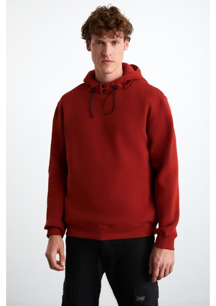 Jorna Erkek 3 Iplik Içi Şardonlu Yumuşacık Çıt Çıt Yakalı Regular Kapüşonlu Kiremit Rengi Sweatshirt