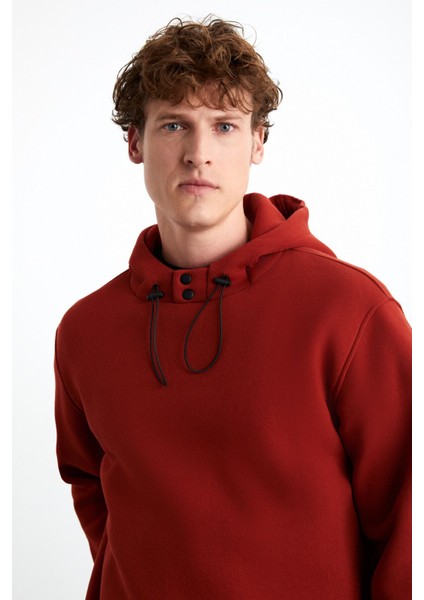 Jorna Erkek 3 Iplik Içi Şardonlu Yumuşacık Çıt Çıt Yakalı Regular Kapüşonlu Kiremit Rengi Sweatshirt