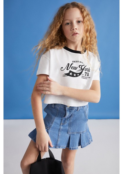 Bıtten Kız Çocuk %100 Pamuk Baskılı Kontrast Renk Yakalı Kısa Kollu Siyah T-Shirt modelleri