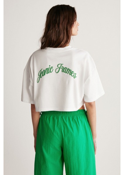 Carıssa Kadın Bisiklet Yaka Baskı Detaylı Crop Beyaz T-Shirt