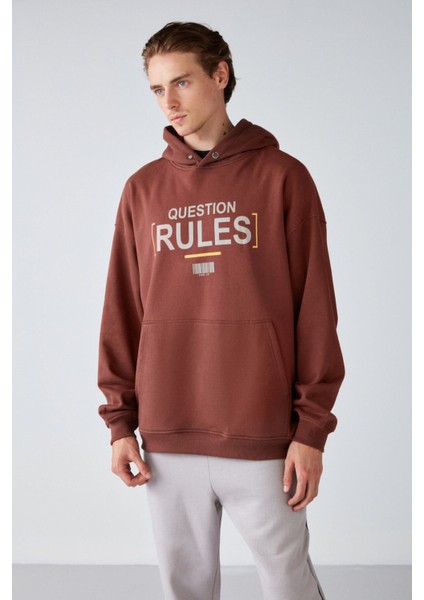 Mood Erkek Içi Polarlı Yazı Baskılı Yakası Çıtçıtlı Kapüşonlu Kahverengi Sweatshirt fiyatları