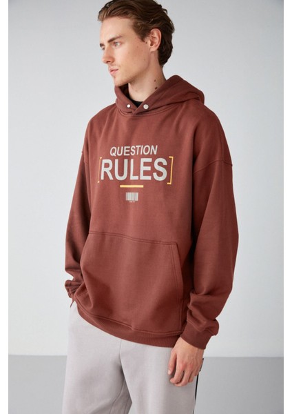 Mood Erkek Içi Polarlı Yazı Baskılı Yakası Çıtçıtlı Kapüşonlu Kahverengi Sweatshirt modelleri