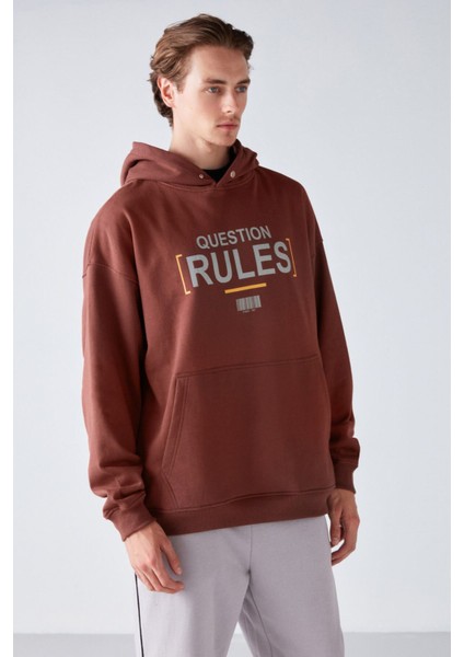 Mood Erkek Içi Polarlı Yazı Baskılı Yakası Çıtçıtlı Kapüşonlu Kahverengi Sweatshirt fırsatları