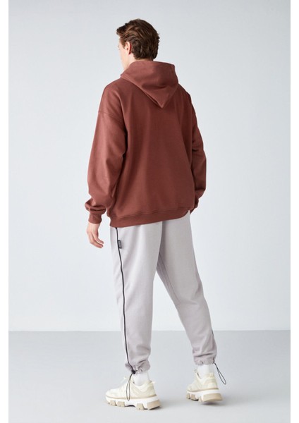 Mood Erkek Içi Polarlı Yazı Baskılı Yakası Çıtçıtlı Kapüşonlu Kahverengi Sweatshirt indirimleri