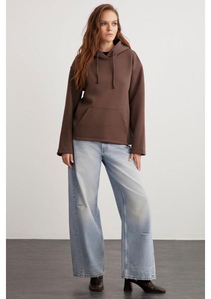 Gayle Kadın Kapüşonlu Içi Polarlı Relaxed Kalıp Basic Acı Kahve Sweatshirt