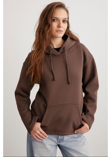Gayle Kadın Kapüşonlu Içi Polarlı Relaxed Kalıp Basic Acı Kahve Sweatshirt