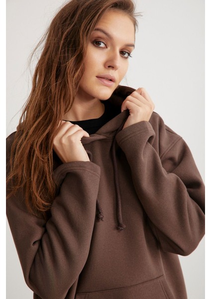 Gayle Kadın Kapüşonlu Içi Polarlı Relaxed Kalıp Basic Acı Kahve Sweatshirt