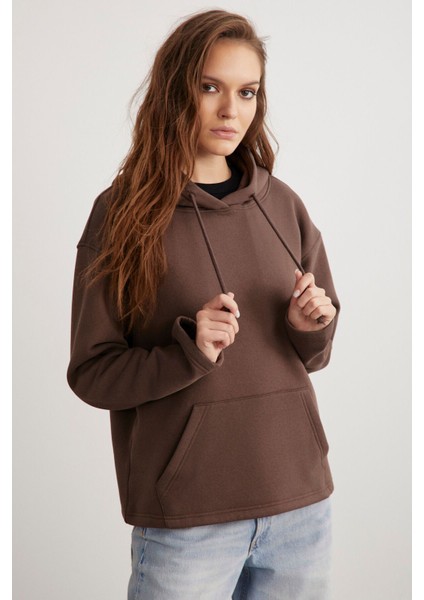 Gayle Kadın Kapüşonlu Içi Polarlı Relaxed Kalıp Basic Acı Kahve Sweatshirt