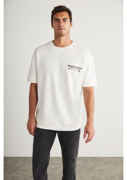 Brendan Erkek Bisiklet Yaka %100 Pamuk Nakış ve Baskı Detaylı Ekru T-Shirt modelleri