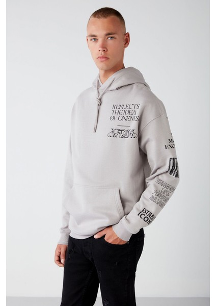 Undercover Erkek Içi Polarlı Yazı Baskılı Kapüşonlu Kordonlu Gri Sweatshirt modelleri