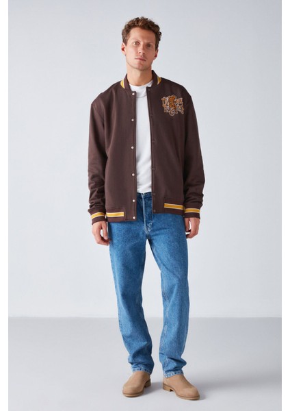 Darıo Erkek Oversize Bomber Nakışlı Çıt Çıtlı Bomber Kahverengi Sweatshirt