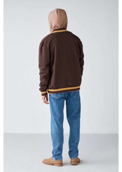 Darıo Erkek Oversize Bomber Nakışlı Çıt Çıtlı Bomber Kahverengi Sweatshirt