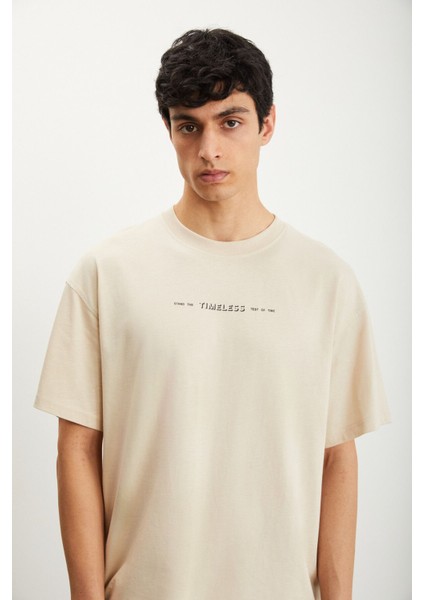 RAMADANP017 Erkek PAMUK Bisiklet Yaka Baskılı Bej T-Shirt