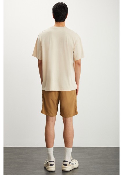 RAMADANP017 Erkek PAMUK Bisiklet Yaka Baskılı Bej T-Shirt