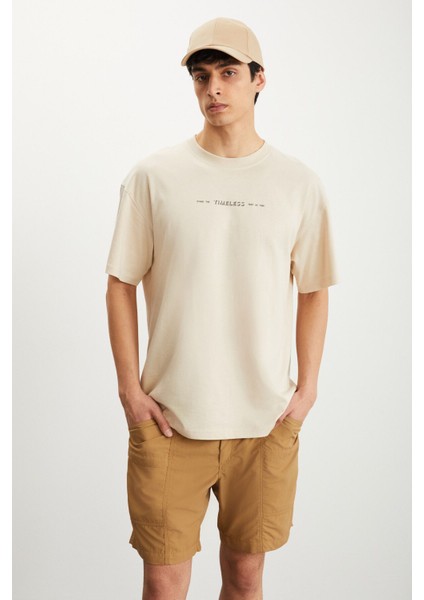 RAMADANP017 Erkek PAMUK Bisiklet Yaka Baskılı Bej T-Shirt