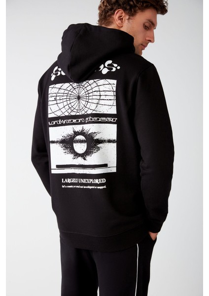 Solar Erkek Içi Polarlı Metaverse Baskılı Kapüşonlu Kordonlu Siyah Sweatshirt