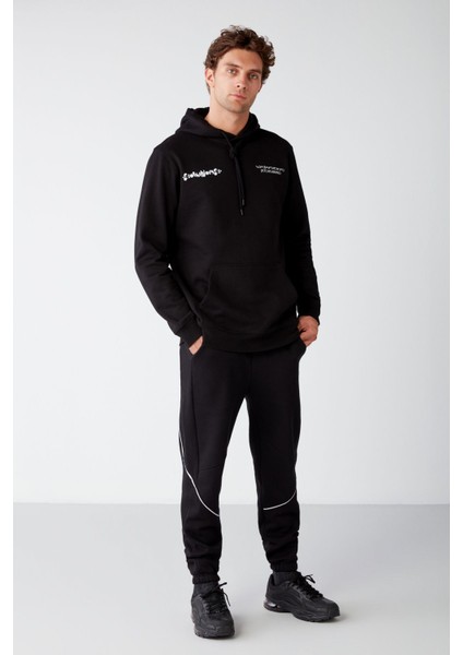 Solar Erkek Içi Polarlı Metaverse Baskılı Kapüşonlu Kordonlu Siyah Sweatshirt fiyatları