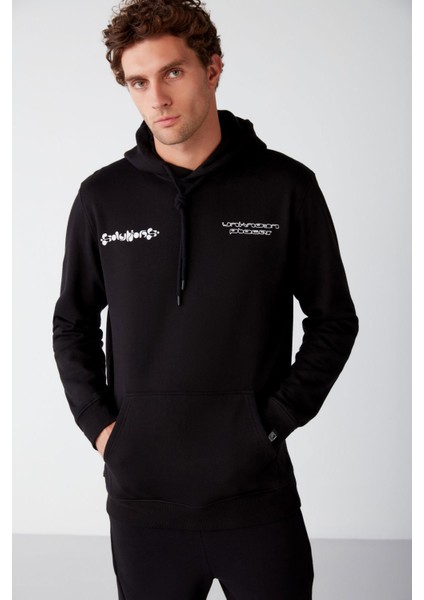 Solar Erkek Içi Polarlı Metaverse Baskılı Kapüşonlu Kordonlu Siyah Sweatshirt modelleri