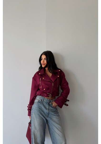 Fh Fashionhere Süet Crop Ceket Kol 3 Kemer Detaylı - Bordo