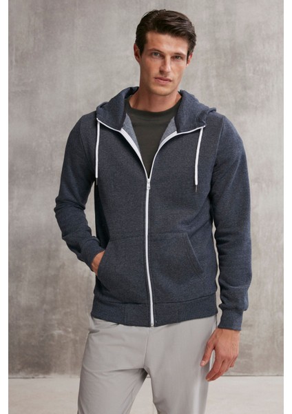 Core Erkek Fermuarlı Yüksek Yaka Kapüşonlu Kordonlu Içi Polarlı Lacivert Sweatshirt