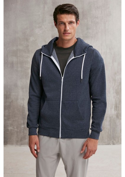 Core Erkek Fermuarlı Yüksek Yaka Kapüşonlu Kordonlu Içi Polarlı Lacivert Sweatshirt