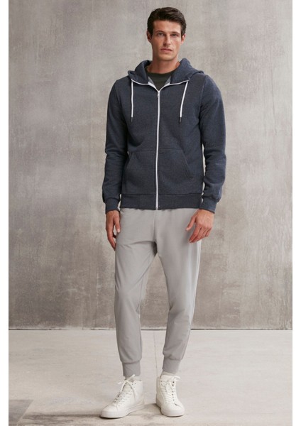 Core Erkek Fermuarlı Yüksek Yaka Kapüşonlu Kordonlu Içi Polarlı Lacivert Sweatshirt