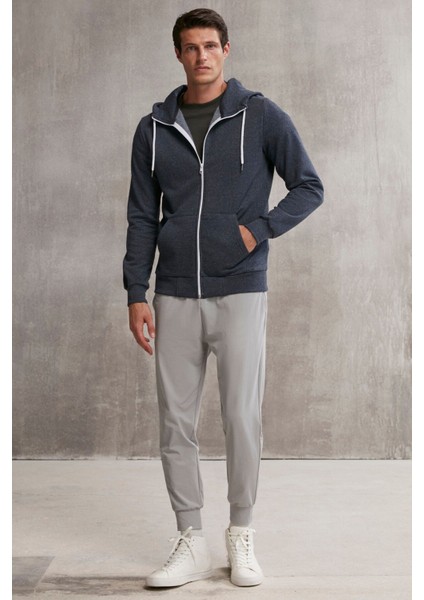 Core Erkek Fermuarlı Yüksek Yaka Kapüşonlu Kordonlu Içi Polarlı Lacivert Sweatshirt
