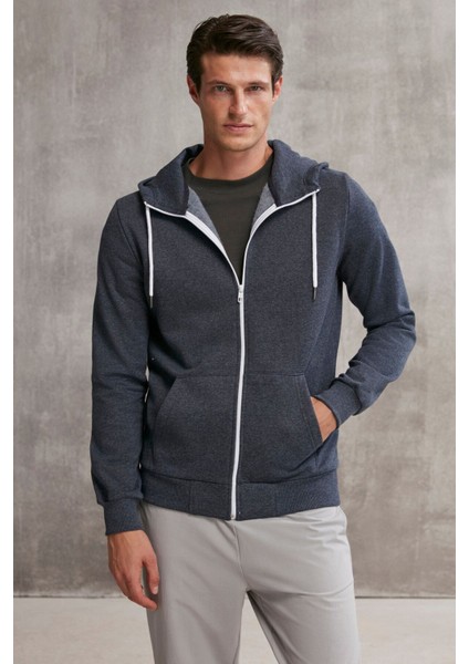 Core Erkek Fermuarlı Yüksek Yaka Kapüşonlu Kordonlu Içi Polarlı Lacivert Sweatshirt