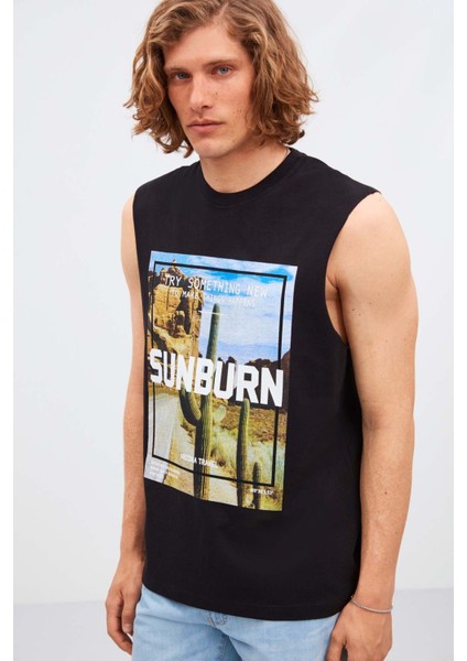 Sunburn Erkek Geniş Omuzlu %100 Pamuk Baskılı Siyah T-Shirt