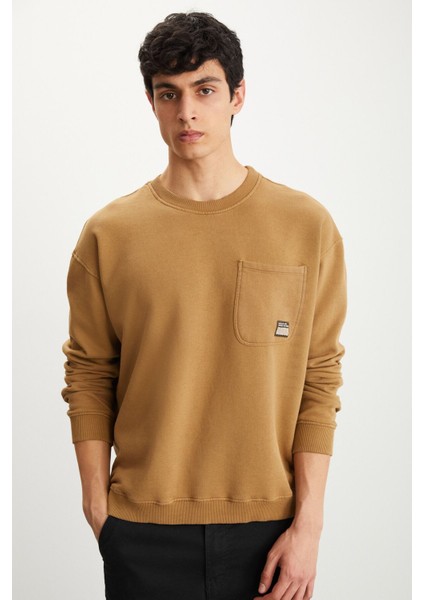 Dımıtrı Erkek Soluk Efektlı Ceplı Süs Etiketli Oversıze Fit Haki Sweatshirt