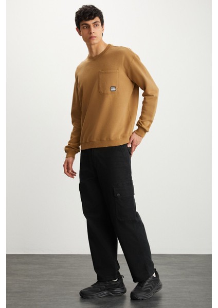 Dımıtrı Erkek Soluk Efektlı Ceplı Süs Etiketli Oversıze Fit Haki Sweatshirt