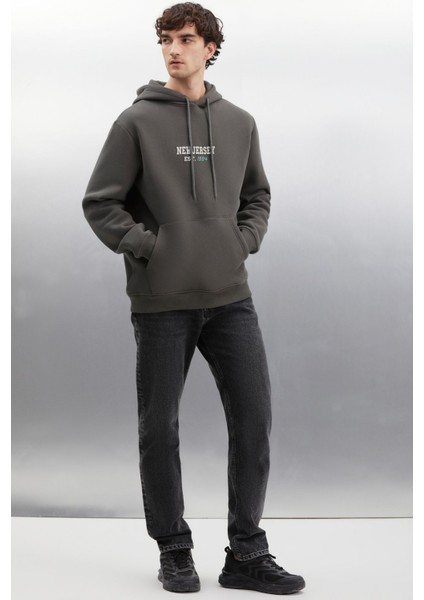Herald Erkek Kapüşonlu Kanguru Cepli Içi Polarlı Baskılı Koyu Gri Sweatshirt