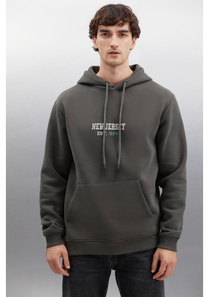 Herald Erkek Kapüşonlu Kanguru Cepli Içi Polarlı Baskılı Koyu Gri Sweatshirt modelleri